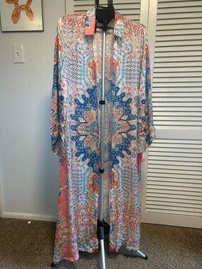 Boho Floral Medallion Long Kimono - Pink & Blue
